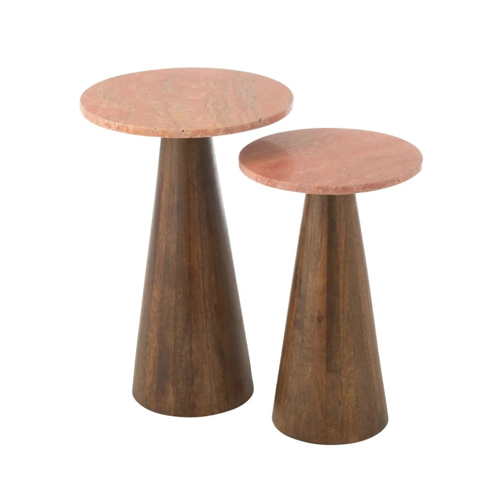 Set de tables basses en marbre terracotta et pied bois d35 Set de tables basses en marbre terracotta et pied bois d35