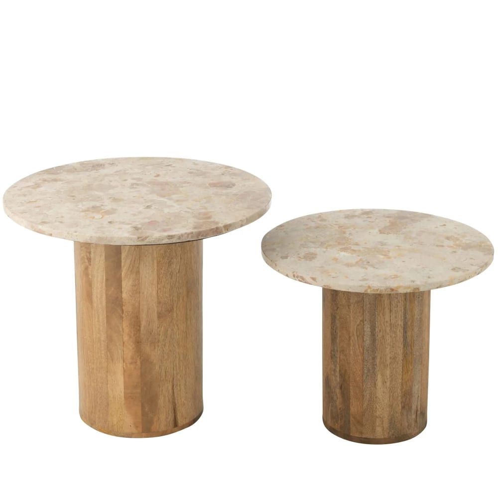 Set de tables basses en marbre beige et pied bois d56 Set de tables basses en marbre beige et pied bois d56