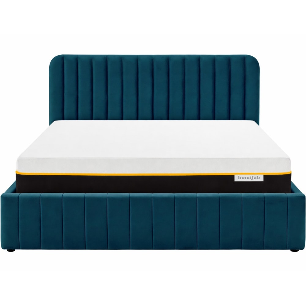 Lit coffre 140x190 velours bleu + matelas mémoire de forme