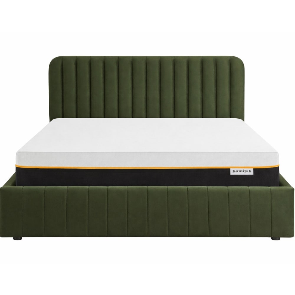 Lit coffre 180x200 velours vert kaki + matelas mémoire de forme Lit coffre 180x200 velours vert kaki + matelas mémoire de forme