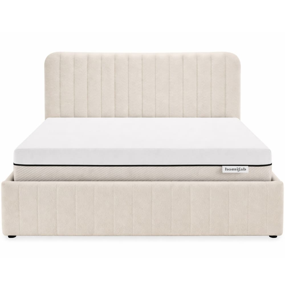 Lit coffre 140x190 tissu bouclé beige + matelas ressorts ensachés