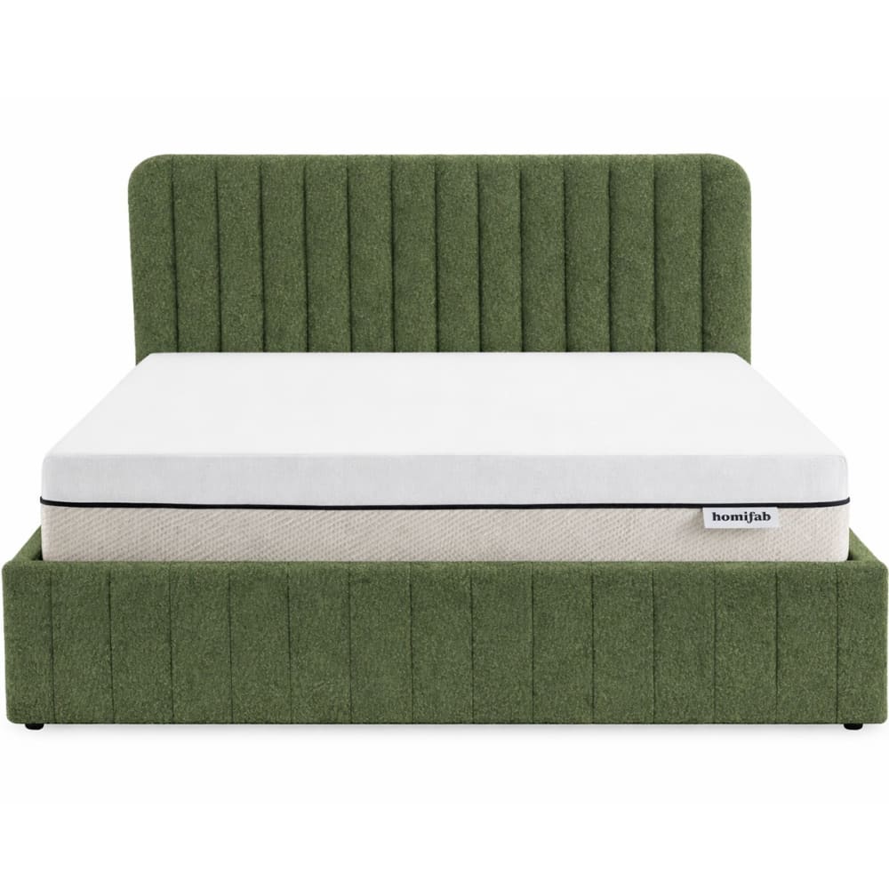 Lit coffre 140x190 tissu bouclé vert + matelas ressorts ensachés