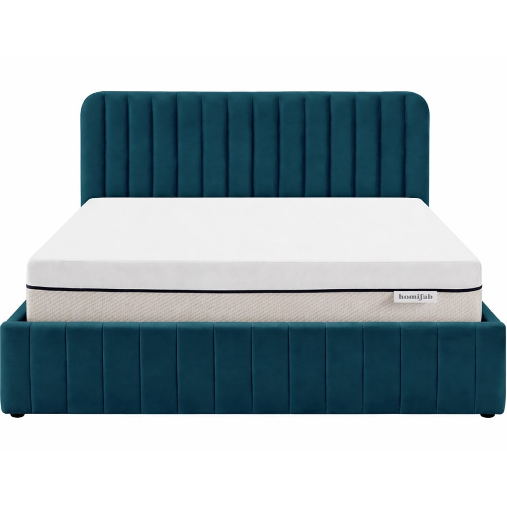 Lit coffre 140x190 velours bleu + matelas ressorts ensachés