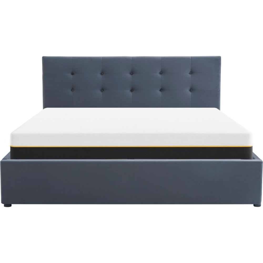 Lit coffre 140x190 velours gris foncé + matelas mémoire de forme