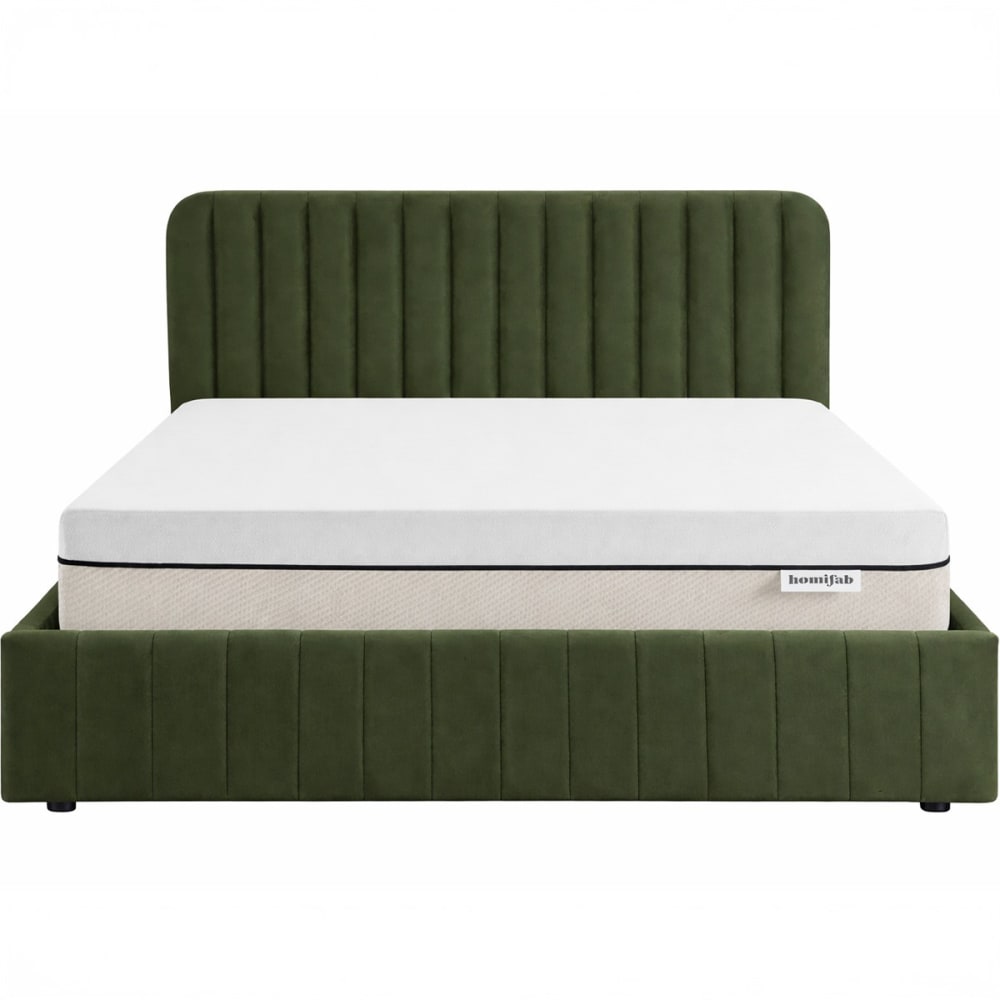 Lit coffre 140x190 velours vert kaki + matelas ressorts ensachés
