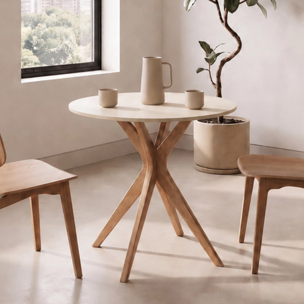 Runder Esstisch, Massivesche, MDF, Perlweiß - Maisons Du Monde