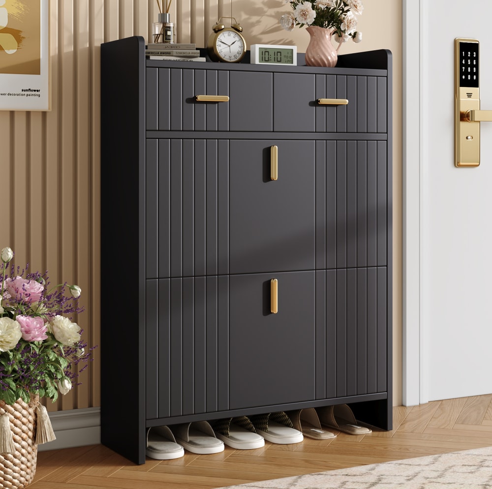 Schuhschrank aus Spanplatte schwarz mit 2 Klappfächern - Maisons