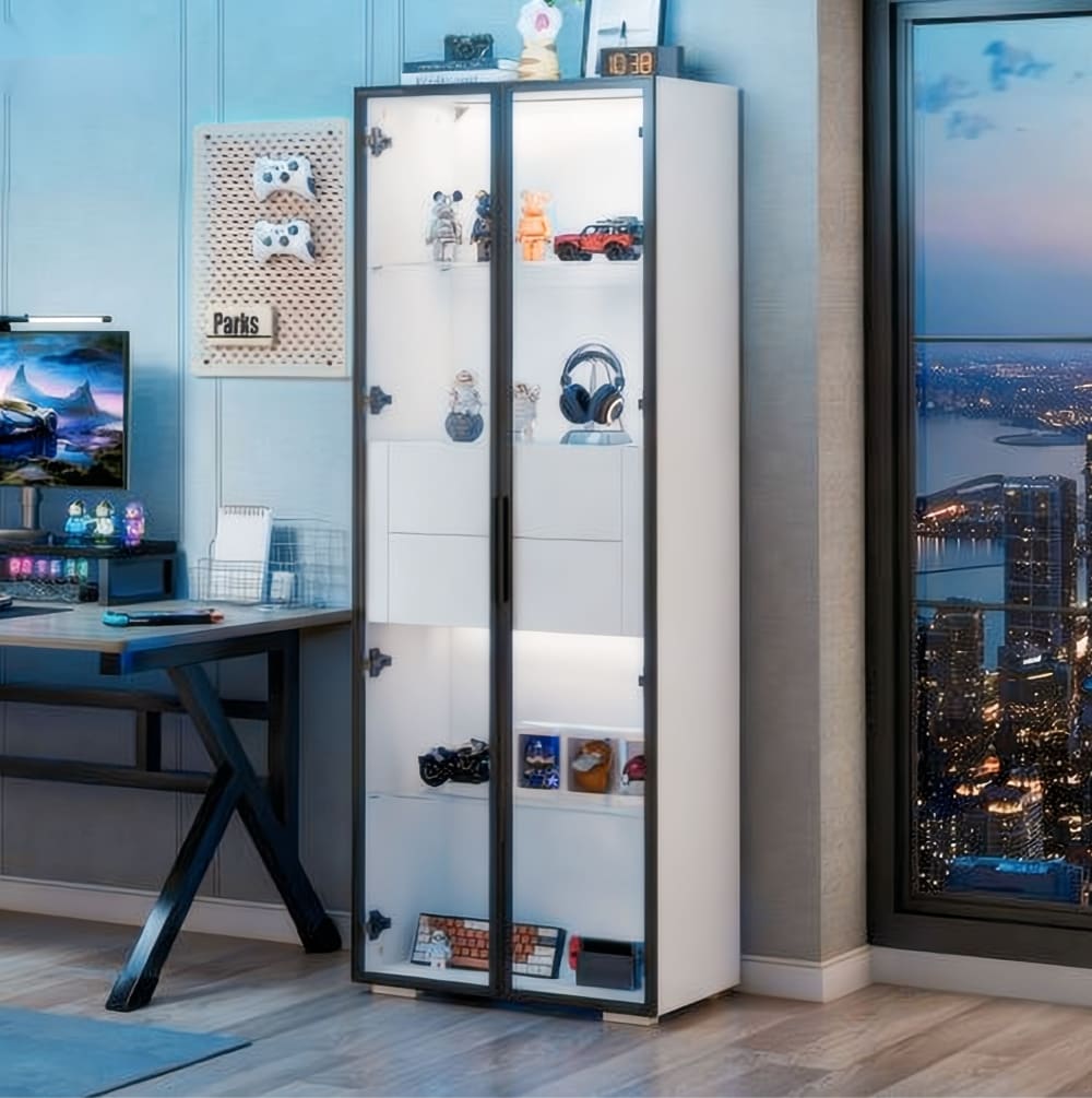 Vitrine aus Spanplatte in Weiß und Schwarz mit Hartglas und LED -
