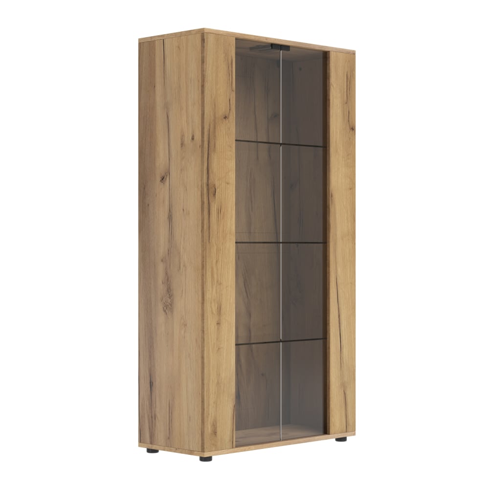 Hauss Spole Vitrinenschrank aus Spanplatte in Holzfarbe mit 2 Glastüren und LED style modern Braun Spanplatte
