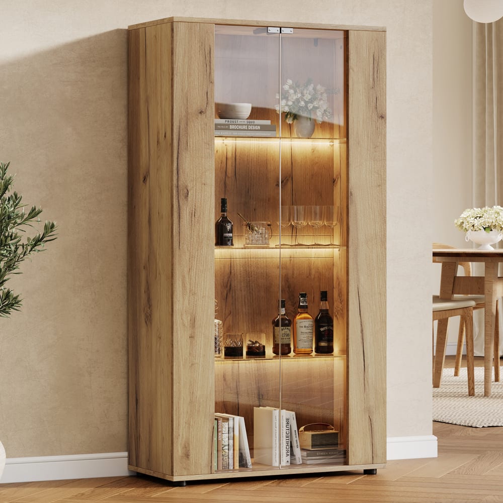 Vitrinenschrank aus Spanplatte in Holzfarbe mit 2 Glastüren und