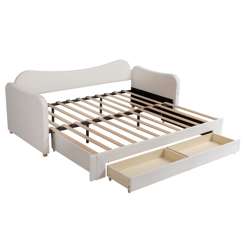 Lit banquette extensible en polyester effet bouclé beige 90 x 200 cm