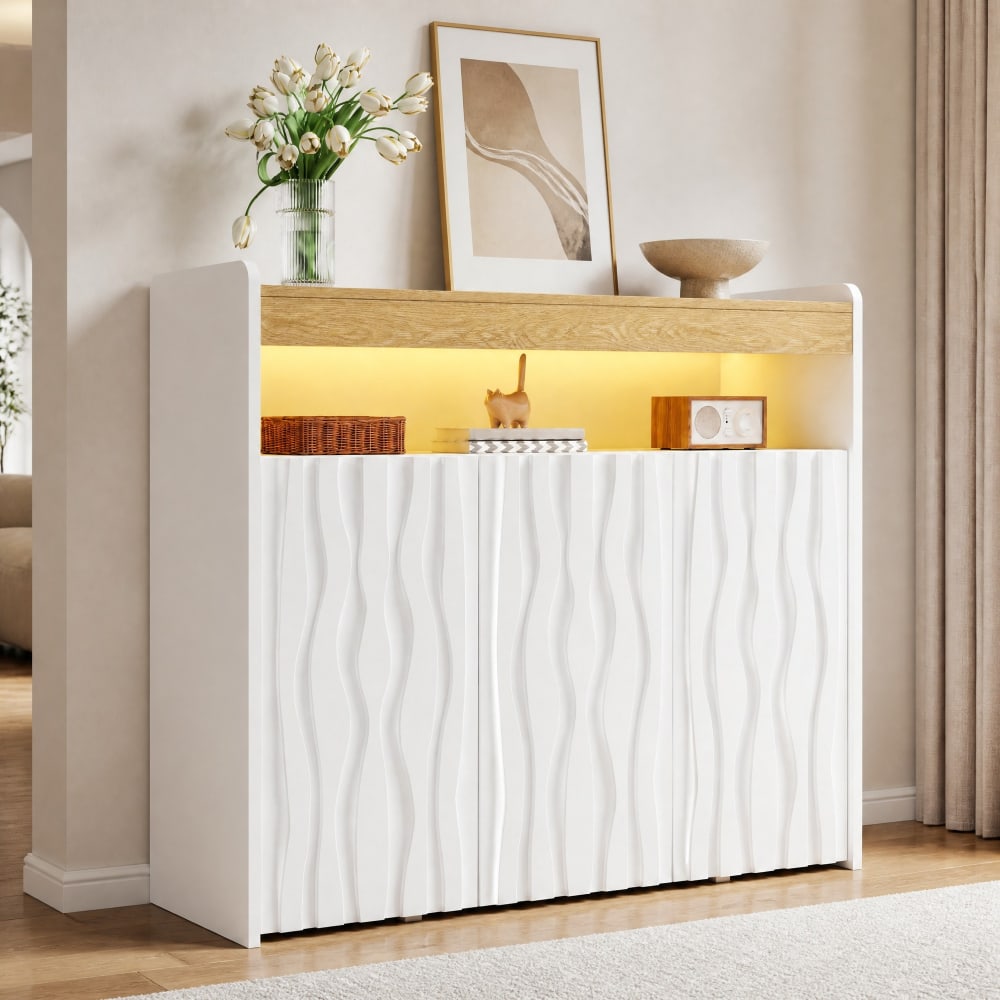 Sideboard mit 3 Türen aus Spanplatte weiß und natur mit LED -