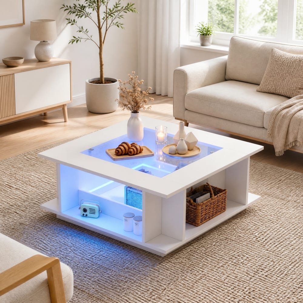 Quadratischer Couchtisch aus Spanplatte weiß mit LED - Maisons Du