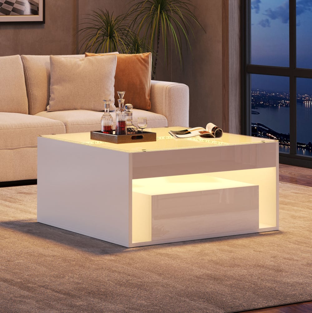 Couchtisch aus weißem Holzwerkstoff mit gehärteter Glasplatte und