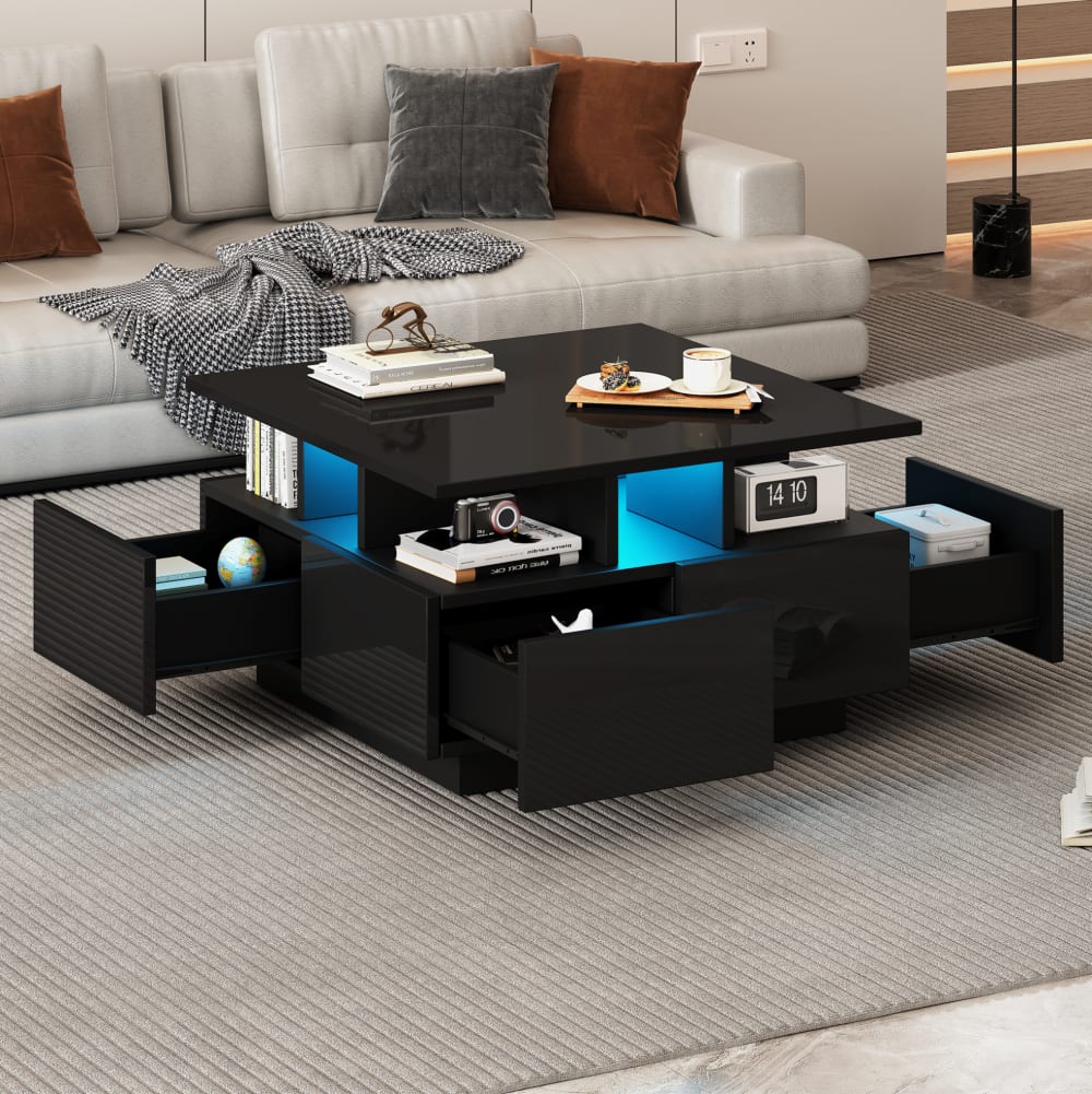 Couchtisch aus Spanplatte schwarz mit LED und 4 Schubladen -