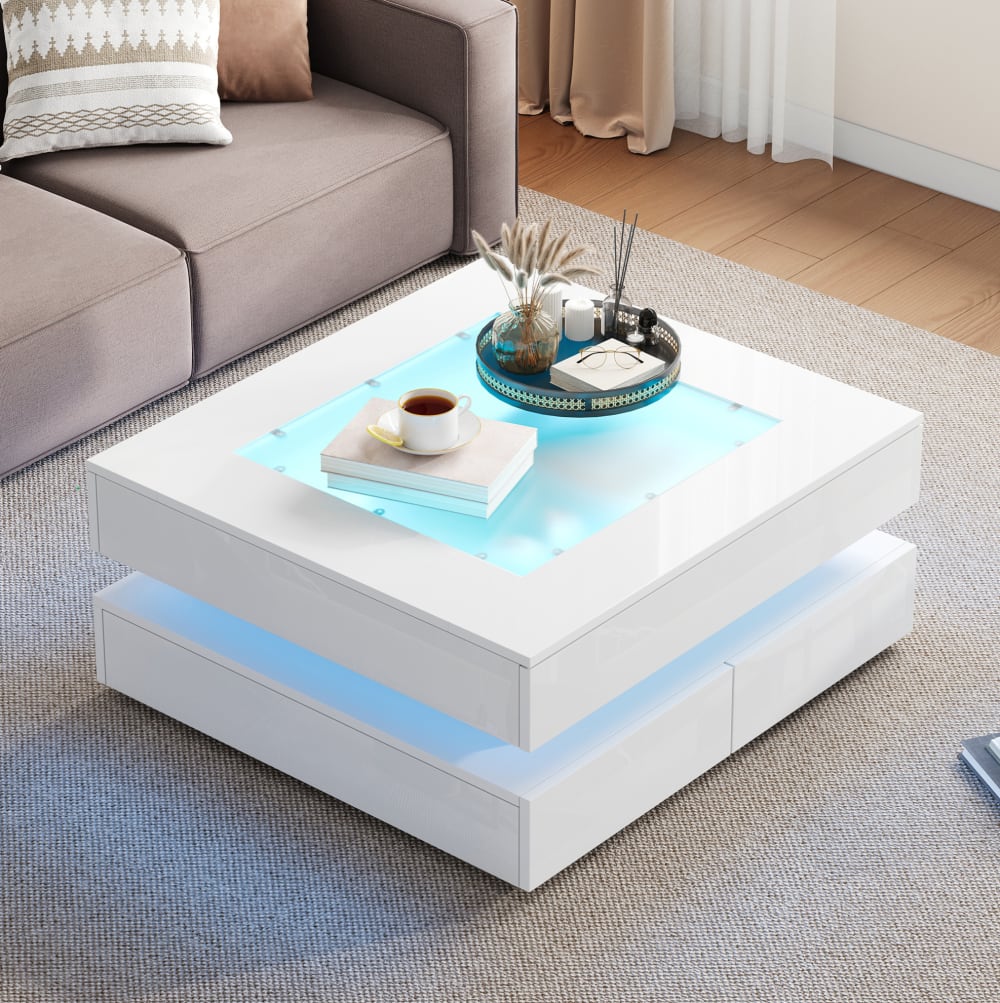 Couchtisch aus Spanplatte und Glas weiß mit 3 Schubladen und LED