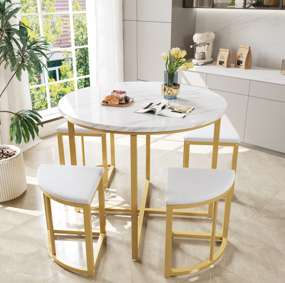 Essgruppe mit Tisch und 4 Stühlen aus Eisen weiß gold - Maisons