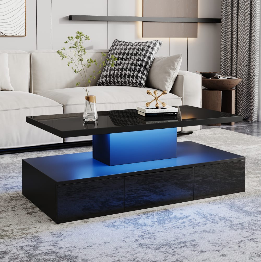 Couchtisch aus Spanplatte schwarz mit LED-Beleuchtung - Maisons