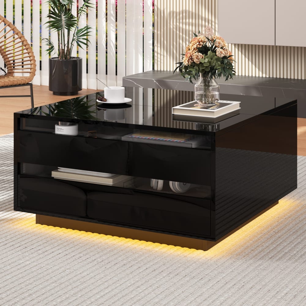 Couchtisch aus Spanplatte schwarz mit Hubplatte und LED - Maisons