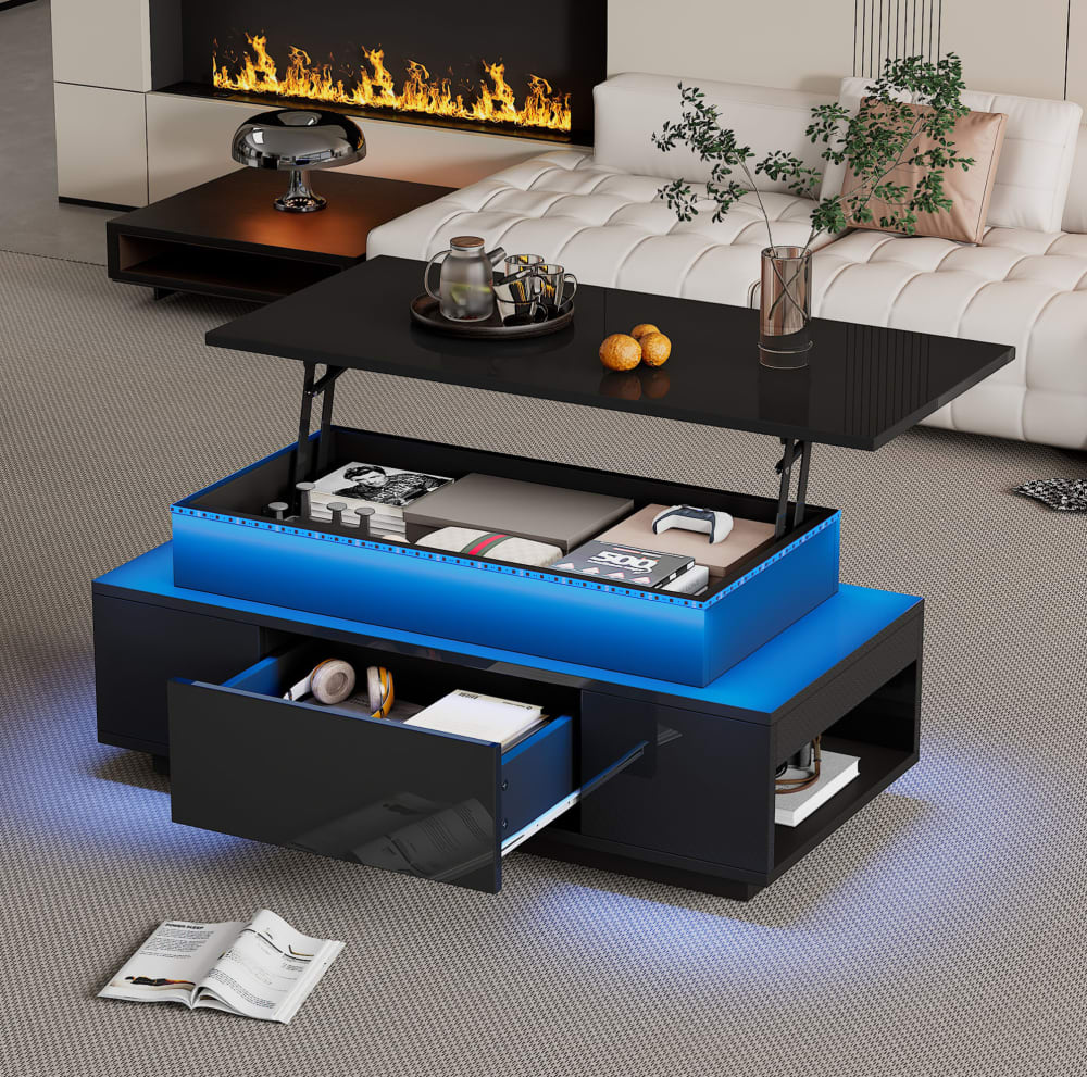 Couchtisch höhenverstellbar aus Spanplatte schwarz mit LED -