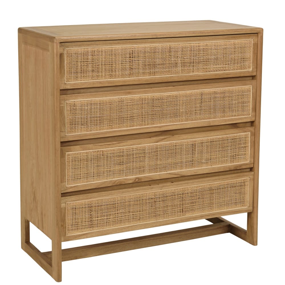 Commode 4 tiroirs 90cm en bois de mindi et rotin naturel Commode 4 tiroirs 90cm en bois de mindi et rotin naturel