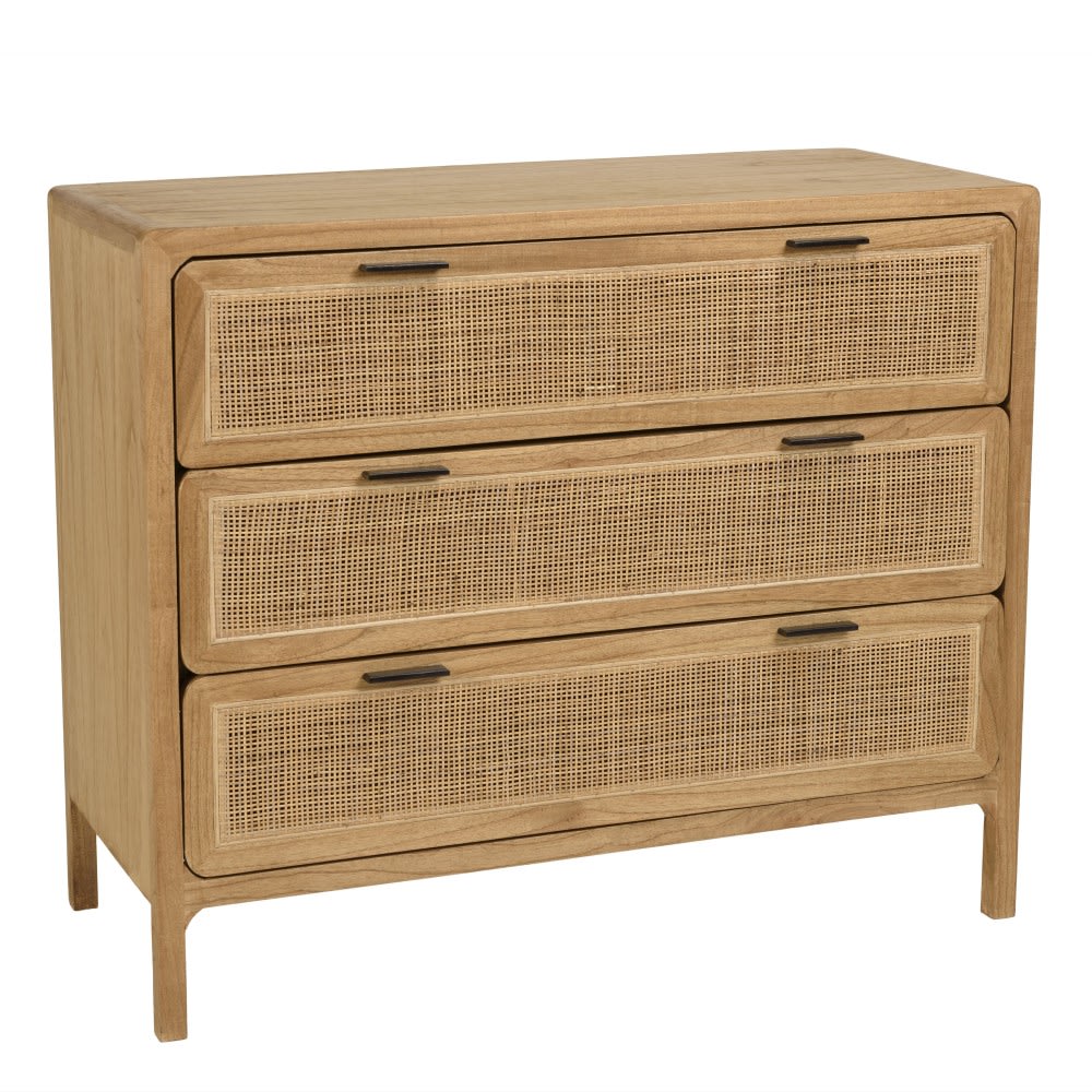 Commode 3 tiroirs 100cm en bois de mindi et rotin naturel Commode 3 tiroirs 100cm en bois de mindi et rotin naturel