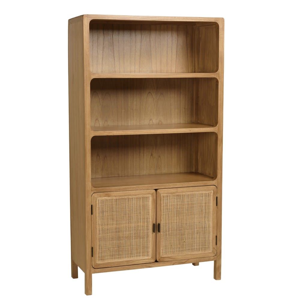 Bibliothèque 2 portes 3 étagères h180cm en bois de mindi et rotin Bibliothèque 2 portes 3 étagères h180cm en bois de mindi et rotin