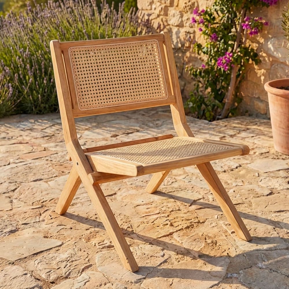 Fauteuil pliant bois massif naturel et cannage en rotin
