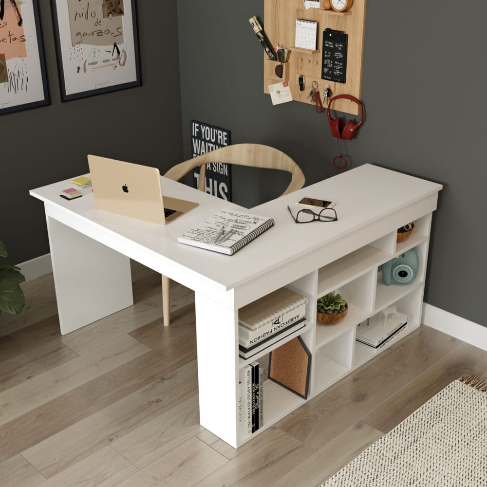 Bureau d'angle avec niches de rangement - blanc Bureau d'angle avec niches de rangement - blanc