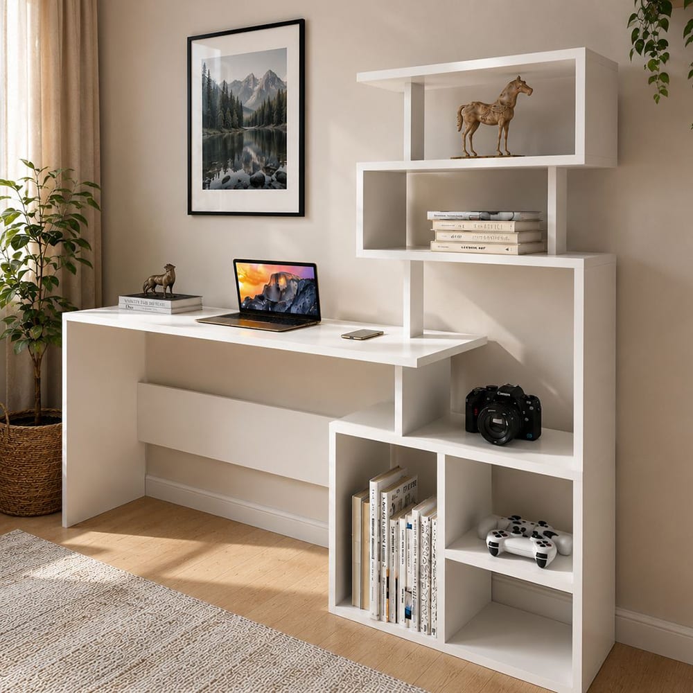 Bureau avec étagères de rangement - blanc Bureau avec étagères de rangement - blanc