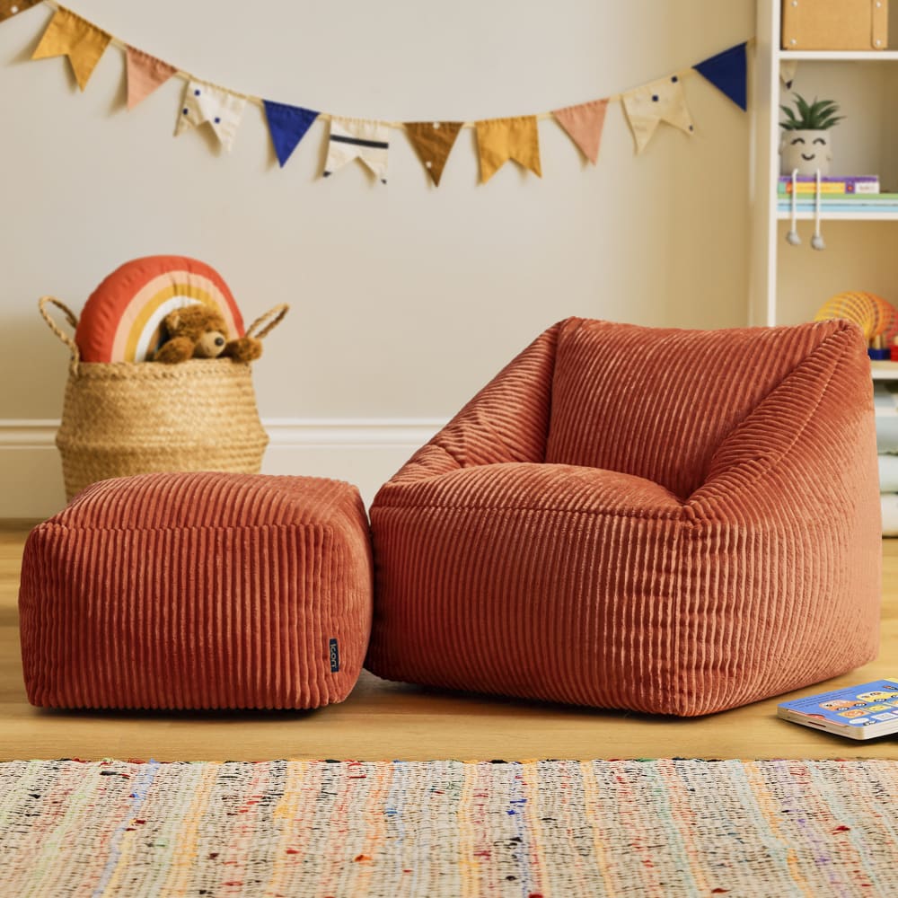 Pouf fauteuil enfant et repose-pieds carré velours côtelé terracotta