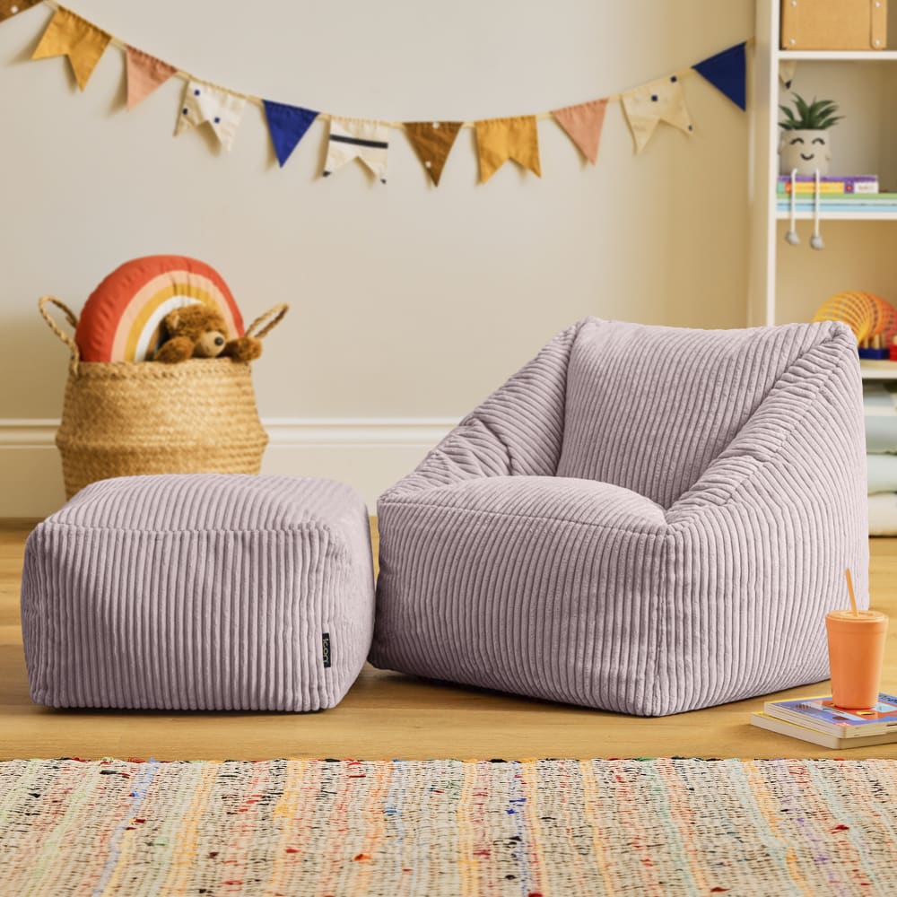 Pouf fauteuil enfant et repose-pieds carré velours côtelé lavande