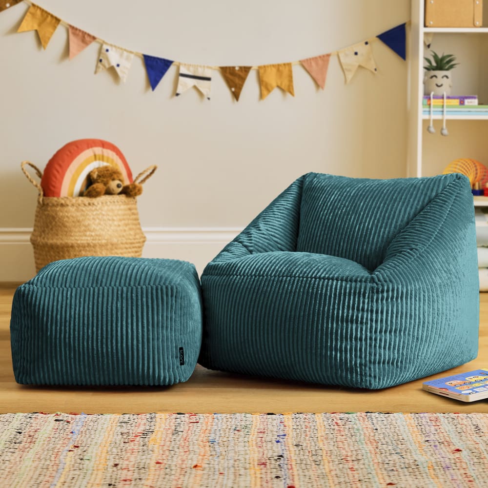 Pouf fauteuil enfant et repose-pieds carré velours côtelé bleu canard