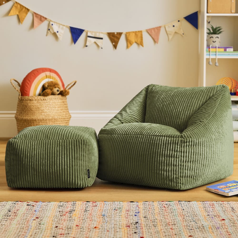 Pouf fauteuil enfant et repose-pieds carré velours côtelé vert sauge