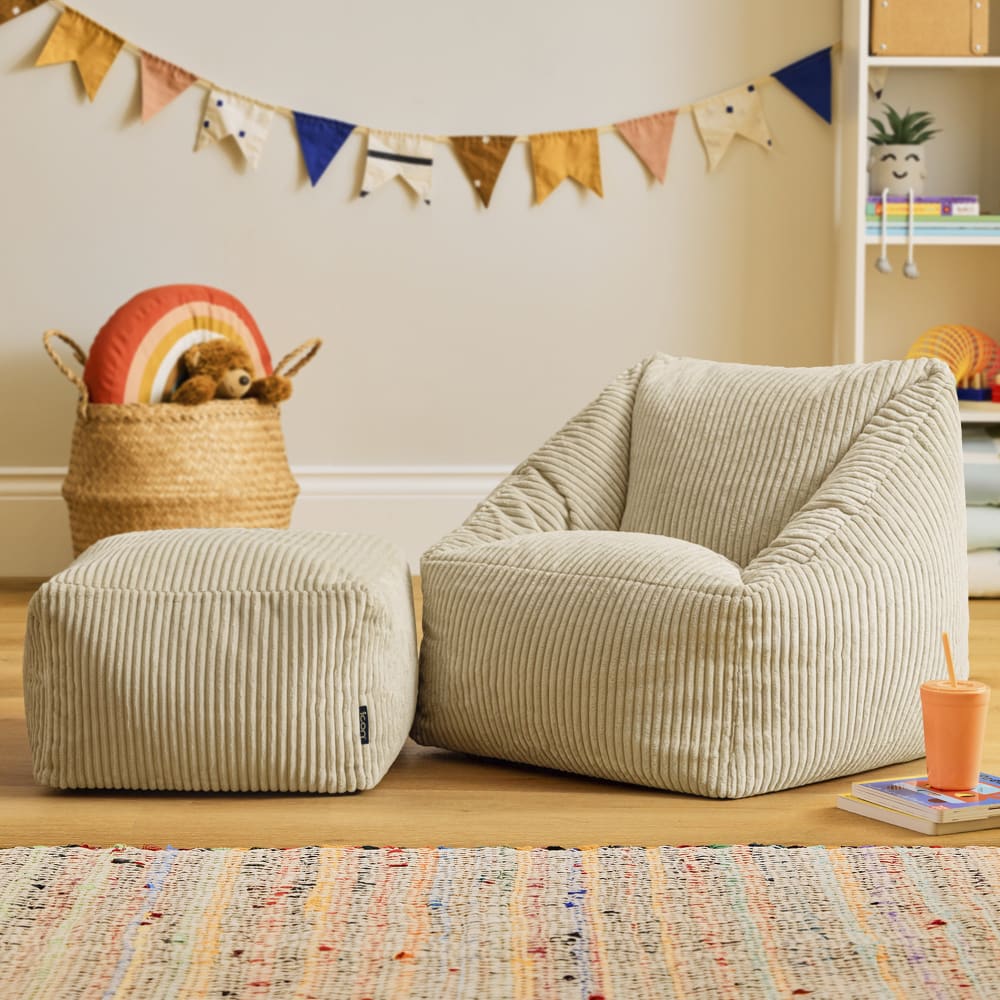 Pouf fauteuil enfant et repose-pieds carré velours côtelé beige
