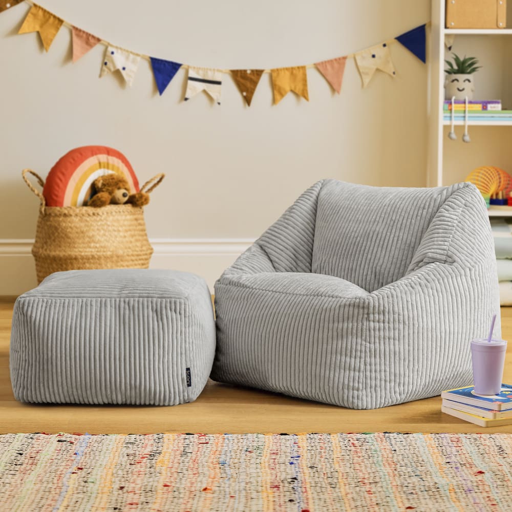Pouf fauteuil enfant et repose-pieds carré velours côtelé gris clair