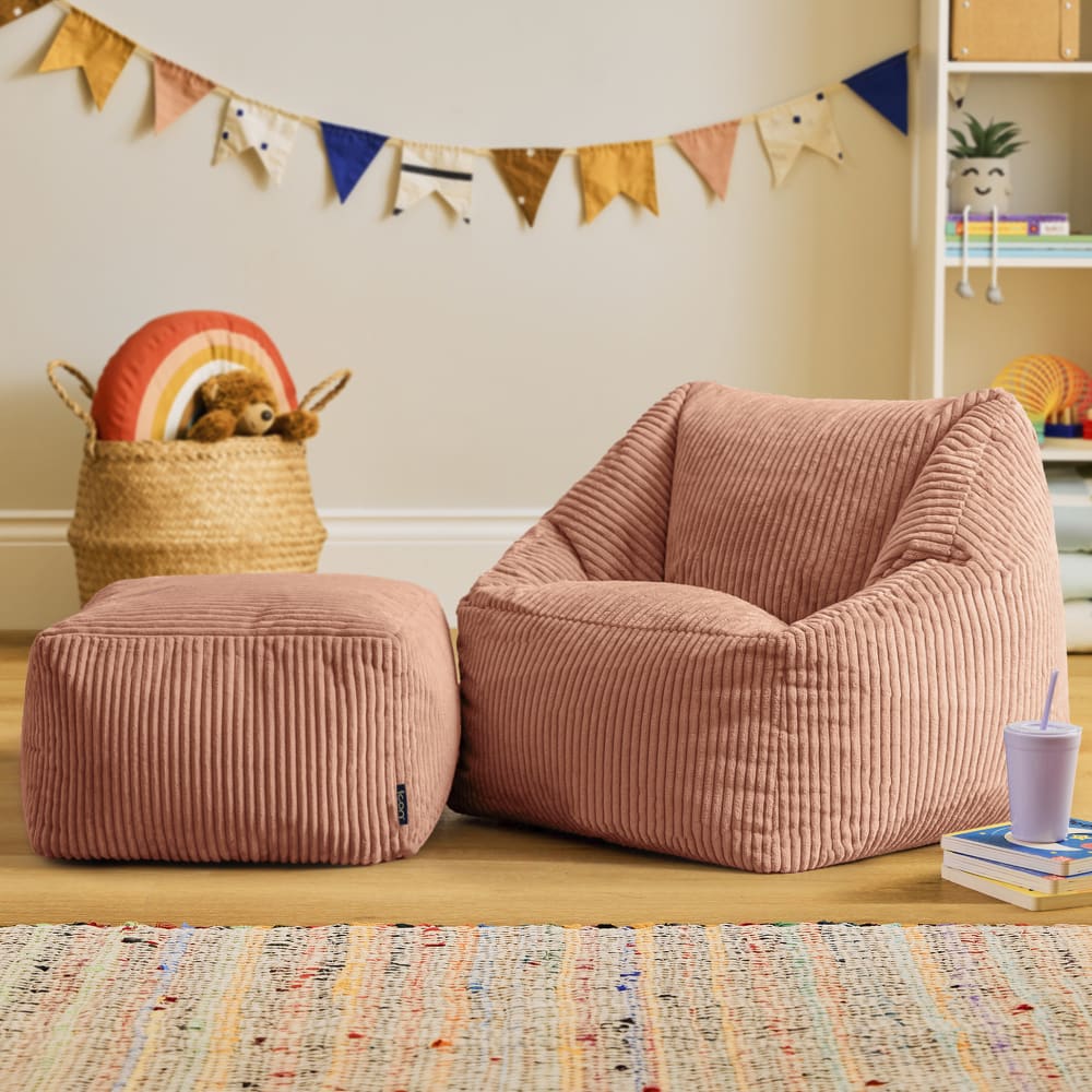 Pouf fauteuil enfant et repose-pieds carré velours côtelé rose aube