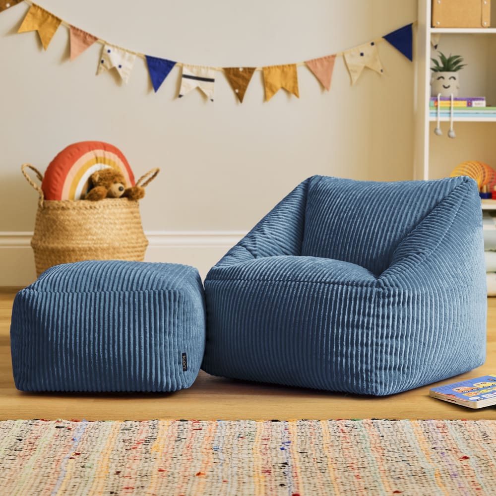 Pouf fauteuil enfant et repose-pieds carré velours côtelé bleu jeans
