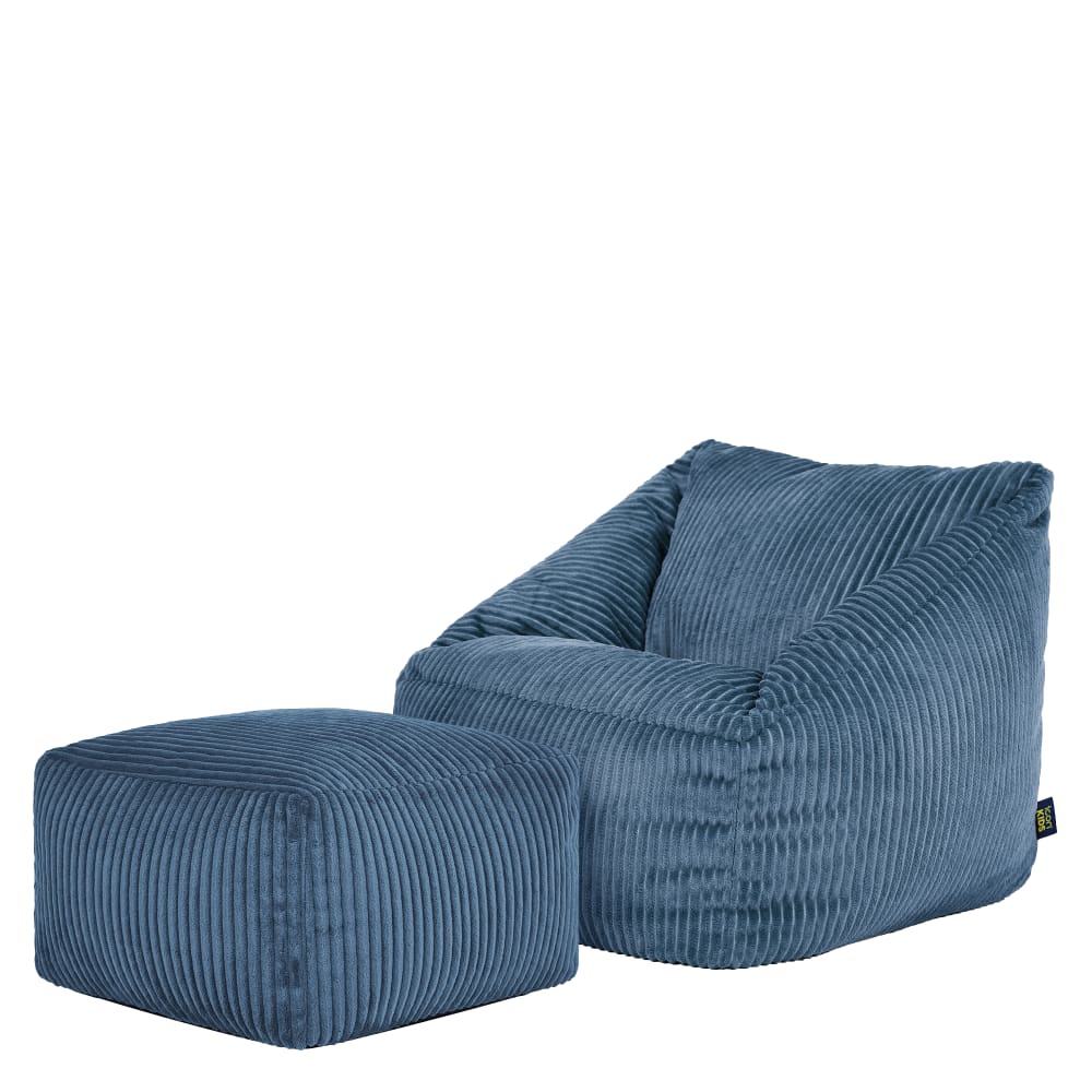 Sitzsack-Sessel für Kinder aus Cord mit Fußhocker, Denim Blue -
