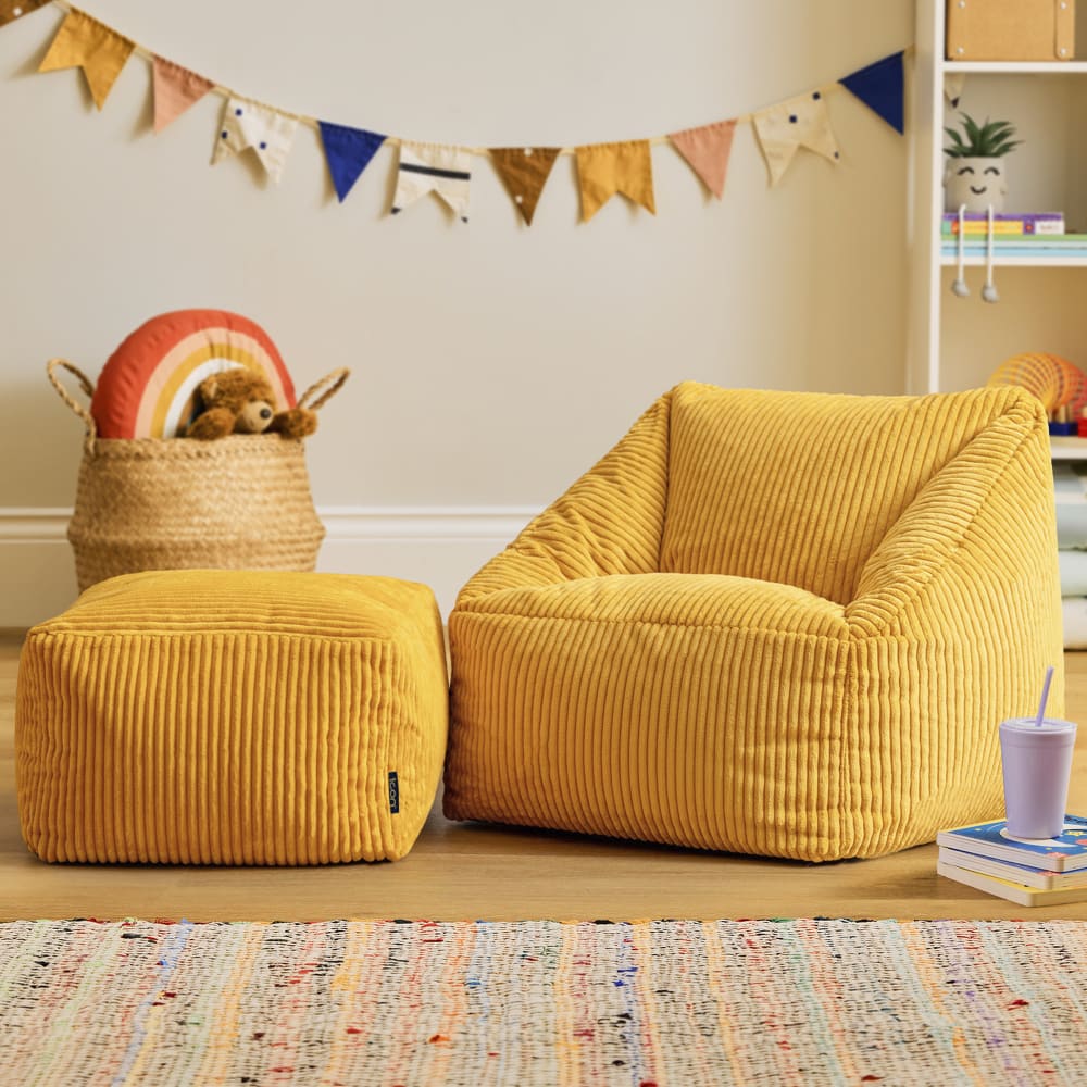Pouf fauteuil enfant et repose-pieds carré velours côtelé jaune ocre