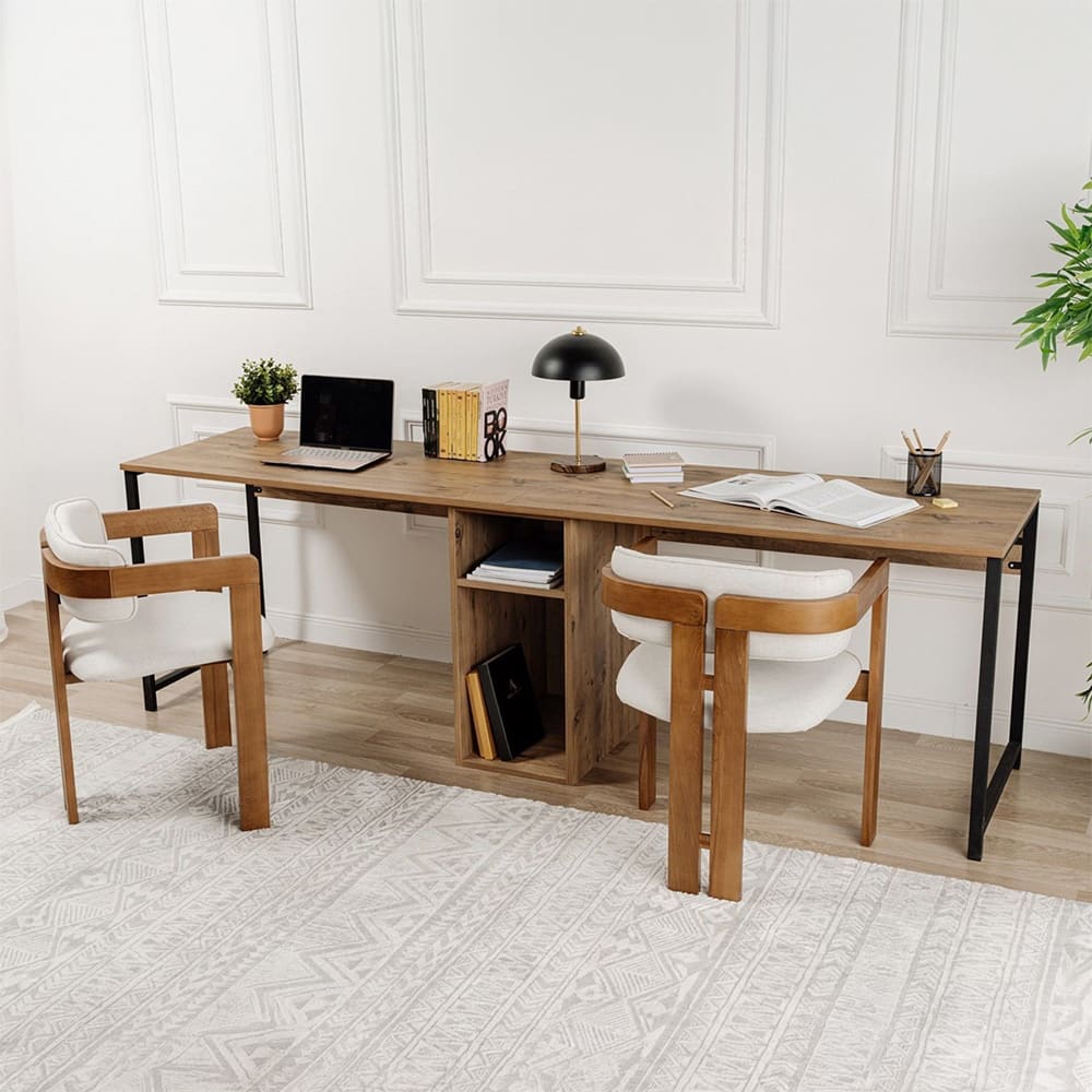 Bureau 2 places avec rangements - effet bois et noir Bureau 2 places avec rangements - effet bois et noir
