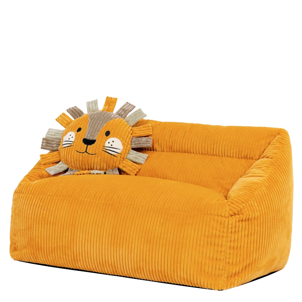 Kinder Sitzsack-Sofa und Löwen-Kissen aus Cord, Ockergelb -