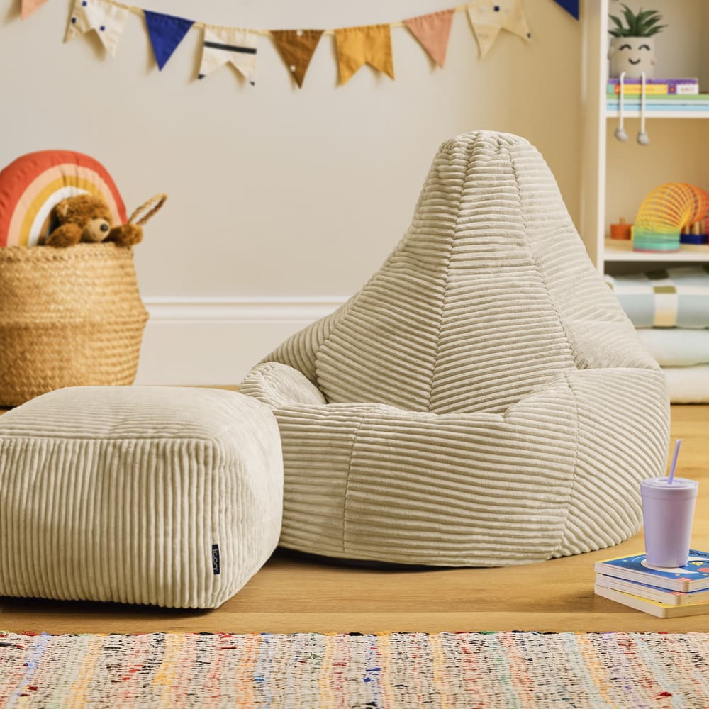Pouf enfant à dossier haut avec repose-pied velours côtelé beige Pouf enfant à dossier haut avec repose-pied velours côtelé beige