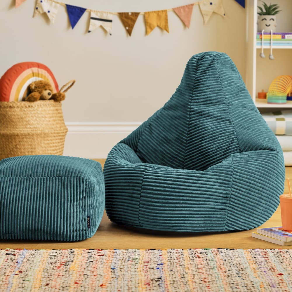 Pouf enfant à dossier haut avec repose-pied velours côtelé bleu canard Pouf enfant à dossier haut avec repose-pied velours côtelé bleu canard