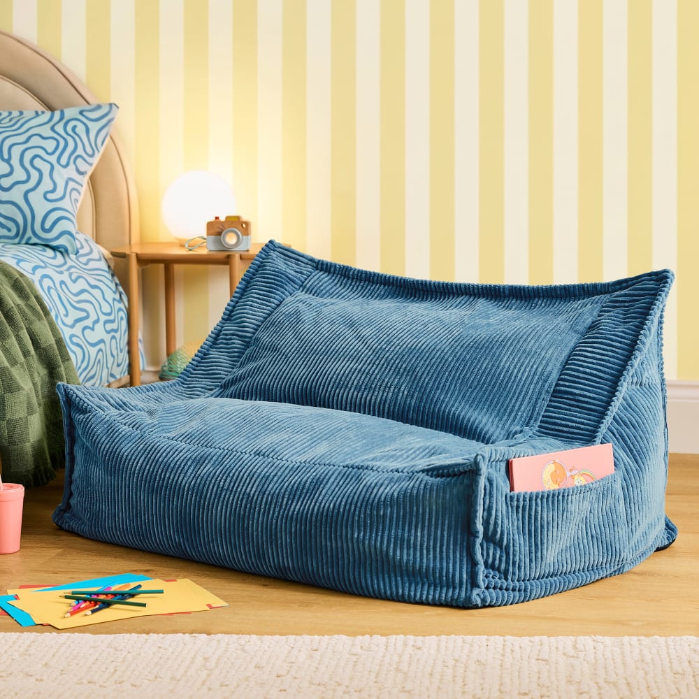 Pouf canapé enfant 2 places en velours côtelé bleu jeans
