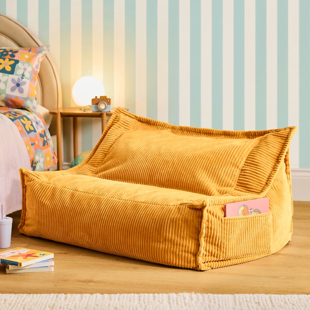 Pouf canapé enfant 2 places en velours côtelé jaune ocre