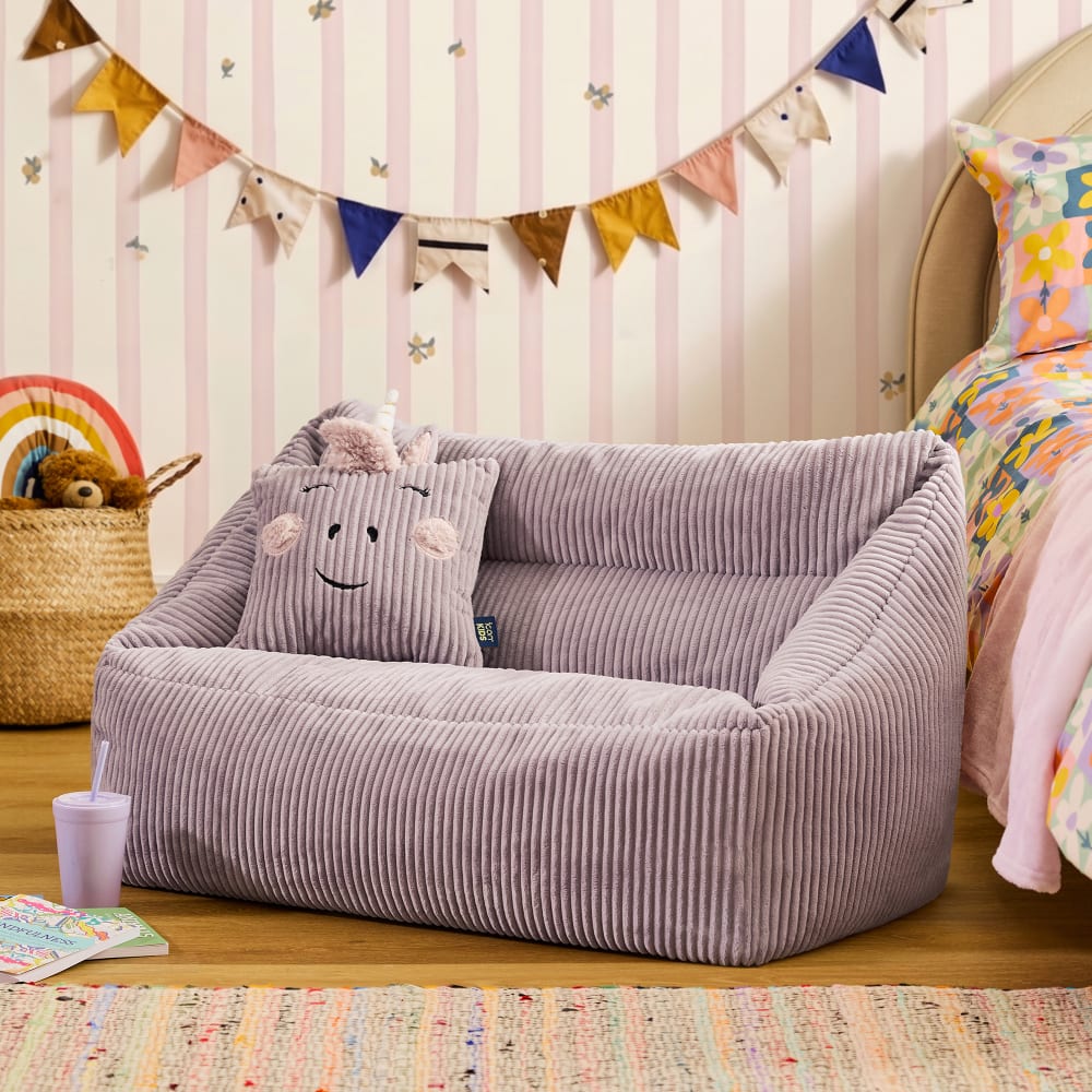 Pouf canapé enfant et coussin licorne en velours côtelé mauve lavande