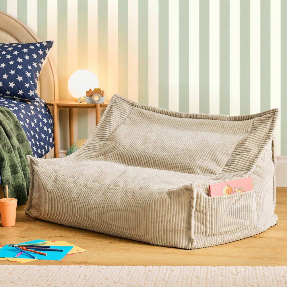 Pouf canapé enfant 2 places en velours côtelé beige galet