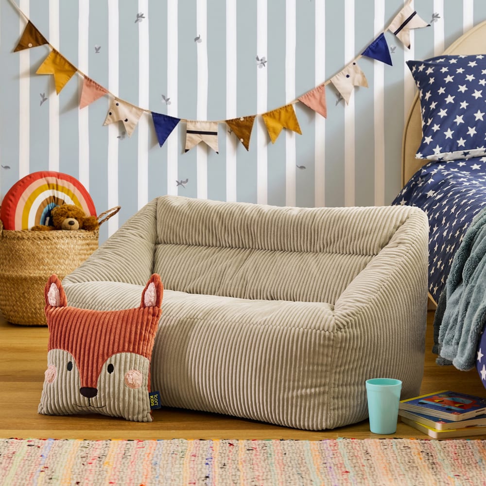 Pouf canapé enfant et coussin renard en velours côtelé beige