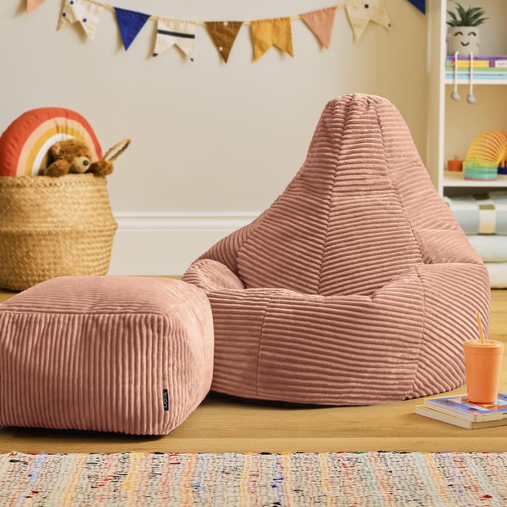 Pouf enfant à dossier haut avec repose-pied velours côtelé rose aube Pouf enfant à dossier haut avec repose-pied velours côtelé rose aube